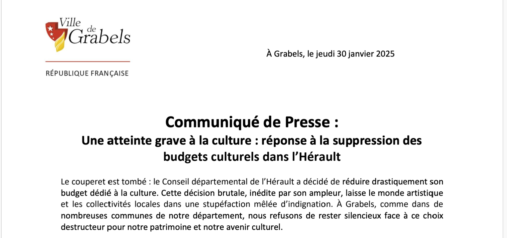 Une atteinte grave à la culture : réponse à la suppression des budgets culturels dans l’Hérault