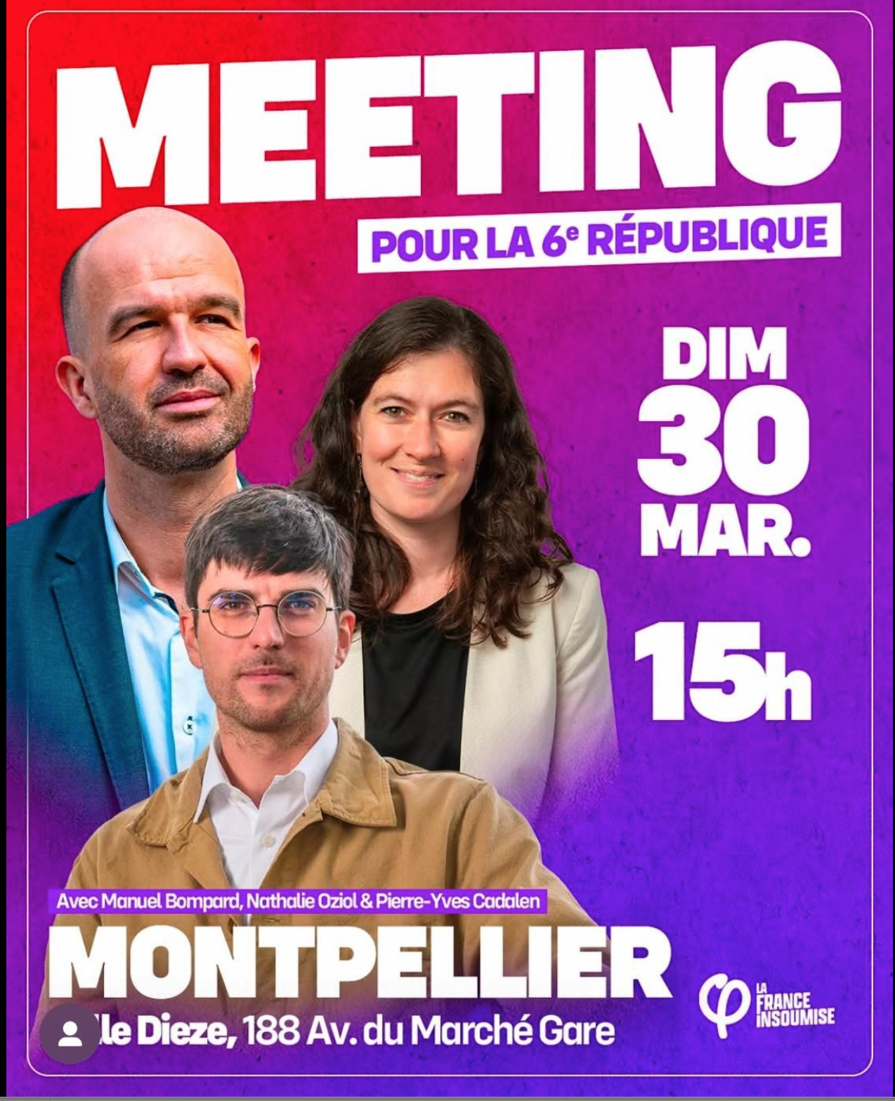 Meeting avec Manuel Bompard, dimanche 30 mars, Montpellier
